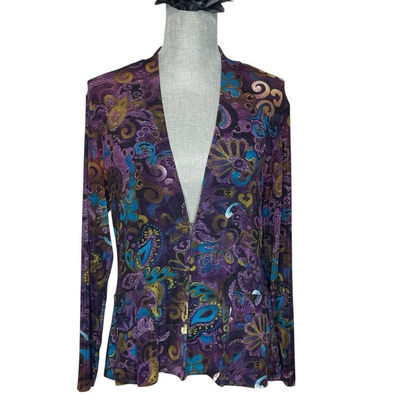 VTG CHICOS TRAVELERS Sz 1 Purple Turquoise Blue Slinky Cardigan - Picture 2 of 11